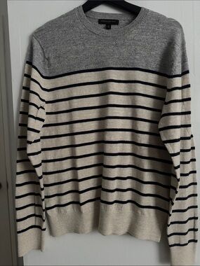 Banana Republic Gray, Cream & Navy Striped Crewneck Sweater